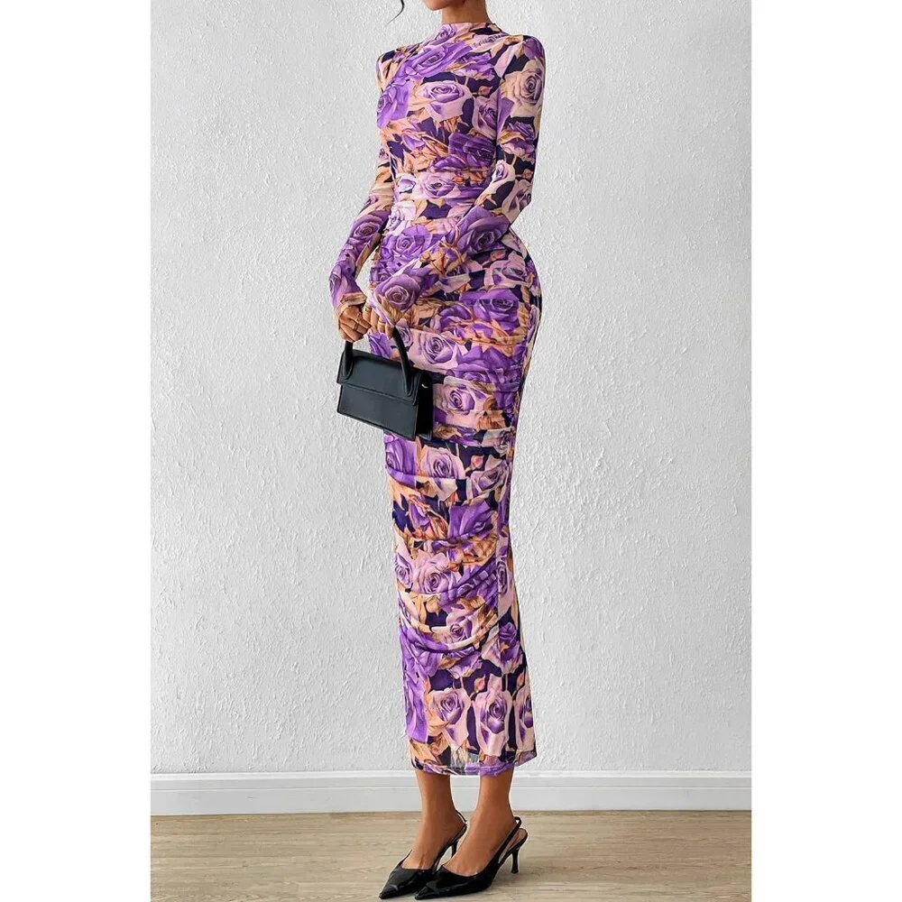 Women's Grey Purple Long Sleeve Spring Ruched Bodycon Floral Mesh Maxi Dress